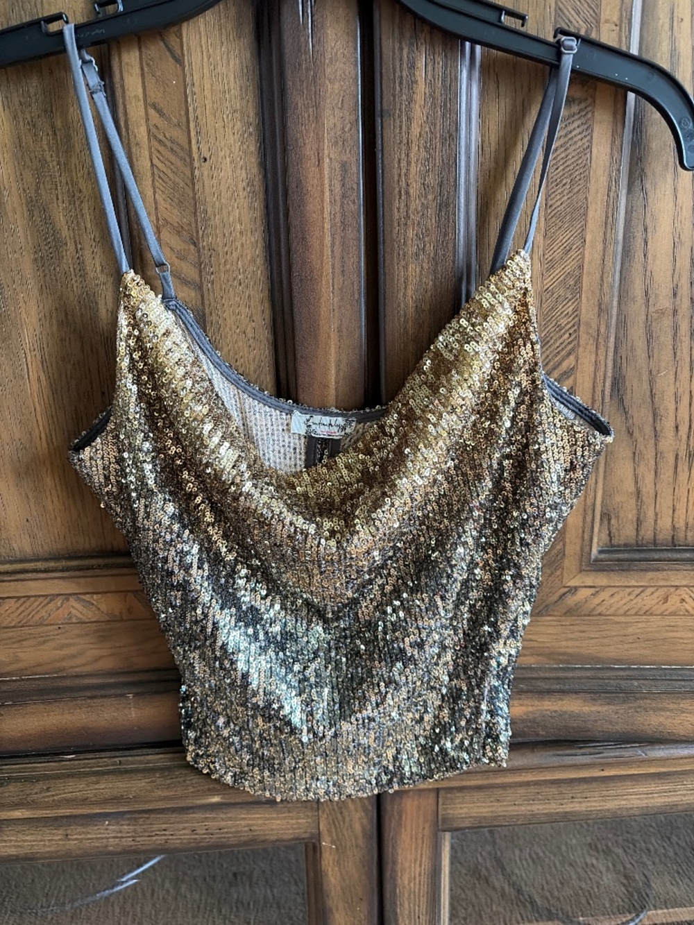 Free People Stop & Stare Cowl Neck Sequin Camisole Top Gold Black Size Small